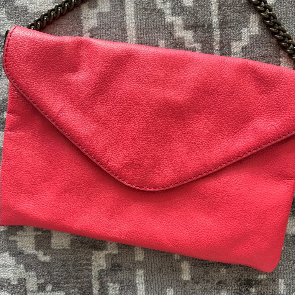 J. Crew 100% Leather Hot Pink Chain Strap Clutch Purse